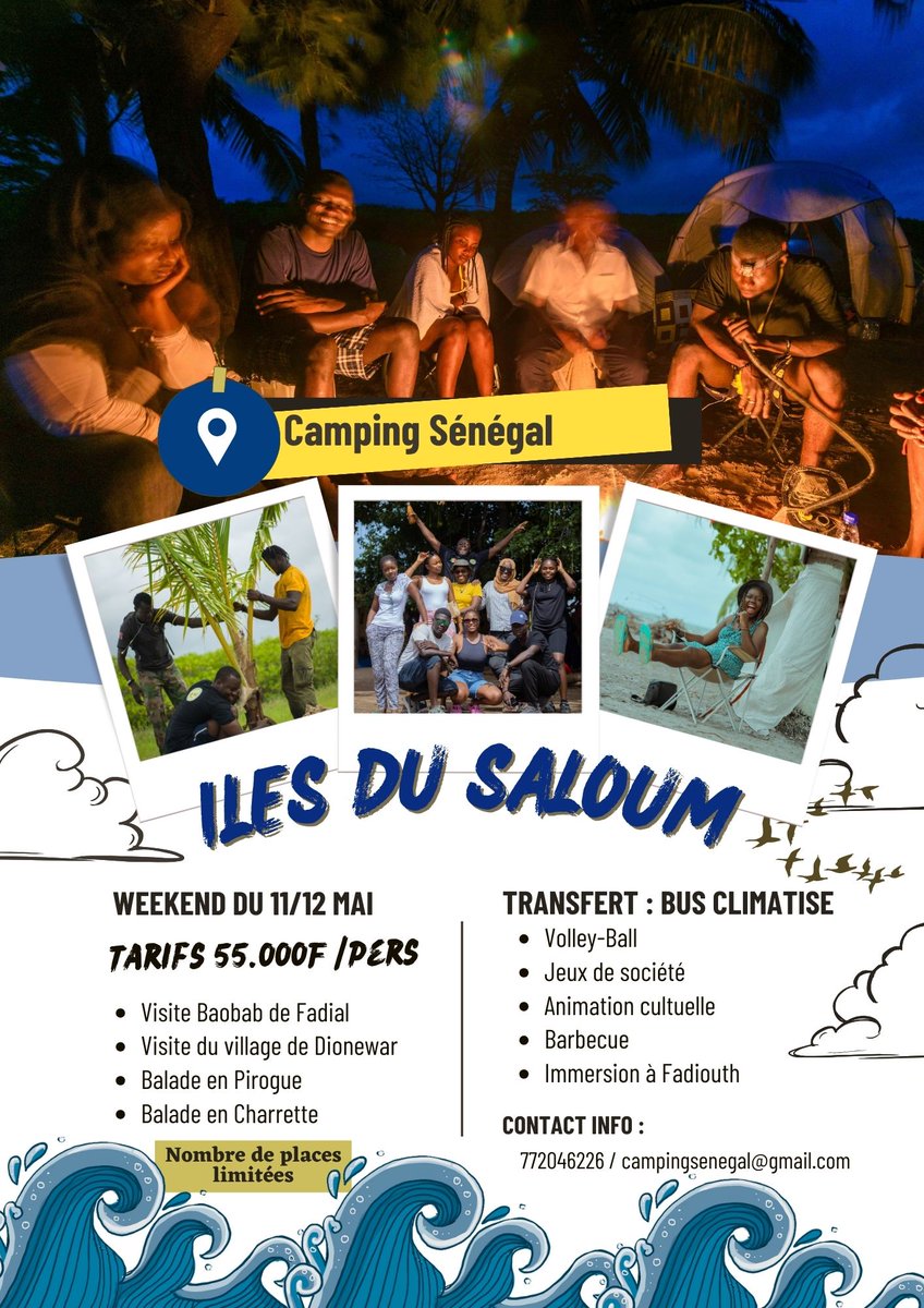 Chers aventuriers,

Vous rêvez d'une immersion authentique au cœur des merveilles naturelles du Sénégal ? Ne cherchez plus, Camping Sénégal sera ravi de vous compter parmi les participants à notre excursion exceptionnelle dans les îles du Saloum, les 11 et 12 Mai prochains.