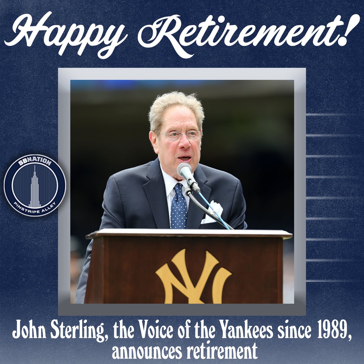 pinstripealley's tweet photo. Dear John Sterling,
Thank you for all the years of home run calls, Broadway references, stretching "the" into an improbable number of syllables, and for sending us off to sleep on so many lazy childhood summer nights when we stayed up too late. You're one of a kind.
Love,
PSA https://t.co/rqo120i9bQ