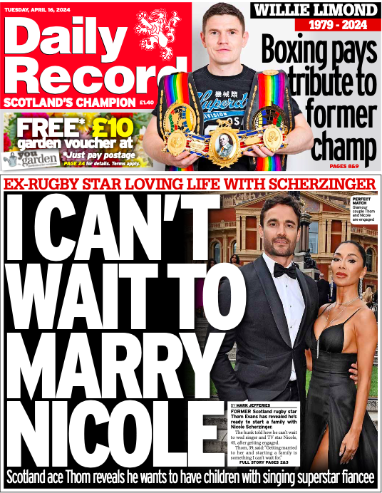 Here is your first look at tomorrow's Daily Record front page, which leads on former Scotland rugby star Thom Evans revealing he’s ready to start a family with Nicole Scherzinger.

#TomorrowsPapersToday #scotpapers