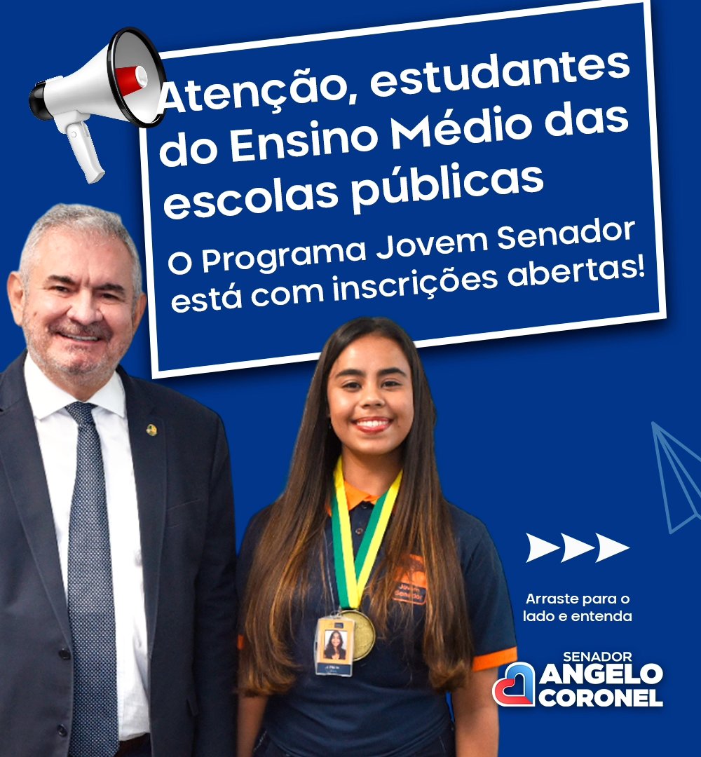 Conhece algum estudante do Ensino Médio e que gostaria de participar do Programa Jovem Senador, na Semana de Vivência Legislativa? Então, marque aqui nos comentários, compartilhe o post e #VemComAGente! Acesse o link 👇 senado.leg.br/jovemsenador