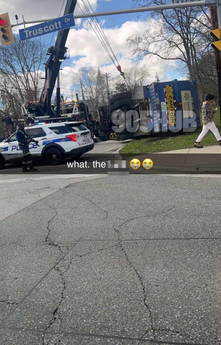 Garbage truck was seen flipped on its side in Clarkson earlier today #mississauga