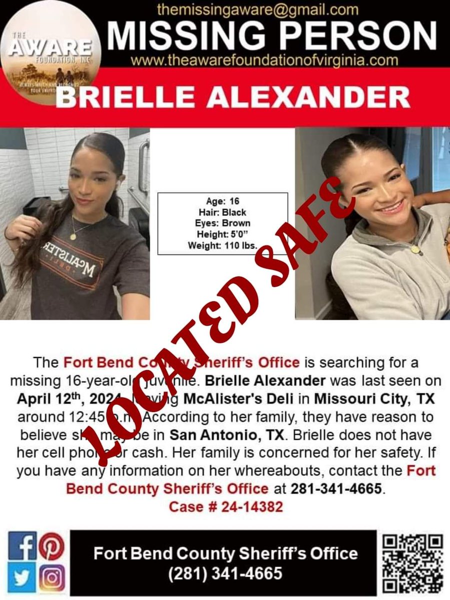 UPDATE: BRIELLE has been located and is SAFE. Thanks again for your help.  #TheAWAREFoundation