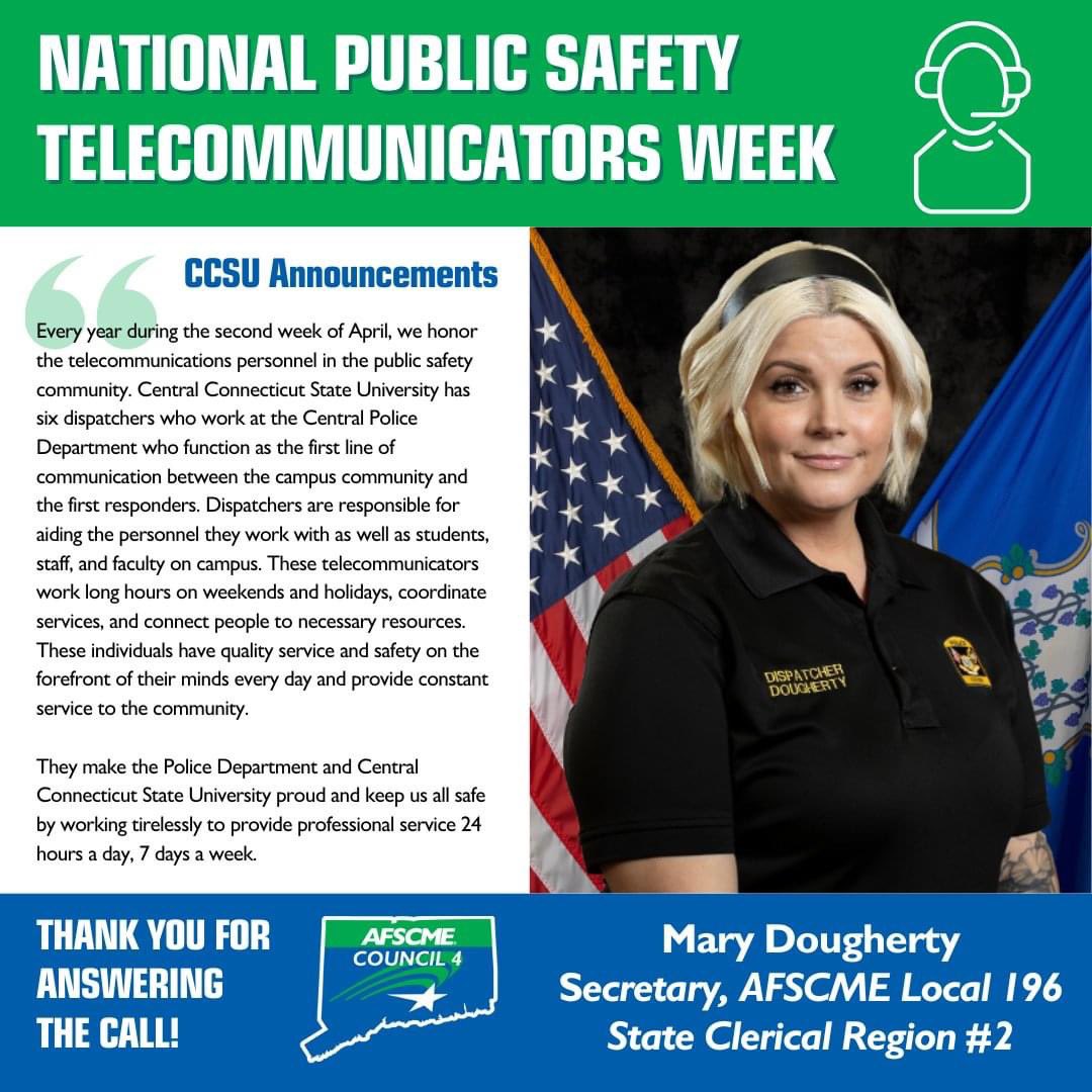 To kick off National Public Safety Telecommunicators Week, we are spotlighting dispatcher and #AFSCME Local 196 Secretary Mary Dougherty, recognized today by @CCSU, along with her coworkers Stephanie Seaburg, Ashley Ferrera, Arnold Corpus, Darren Weidlich, and Daniel Sklanka.
