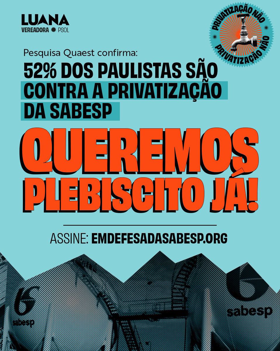 NÃO À PRIVATIZAÇÃO! Mais da metade do povo de SP é CONTRA a privatização da Sabesp, é o que mostra a pesquisa Quaest

Apesar disso, o governo e a prefeitura seguem acelerando o processo sem uma consulta popular decente. Assine e exija um plebiscito: emdefesadasabesp.org