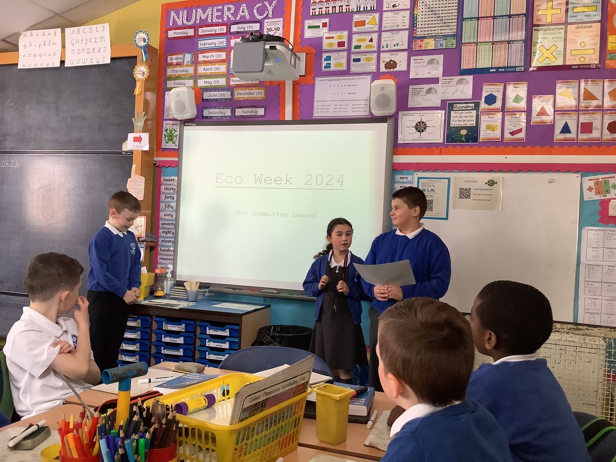 EcoCommitee's tweet photo. Today some of our members visited classes to teach a lesson about plastic pollution. It was great fun and we hope people learned lots. We will be visiting all the classes throughout our #ecoweek. @primaryandrew https://t.co/8pwvK5851a