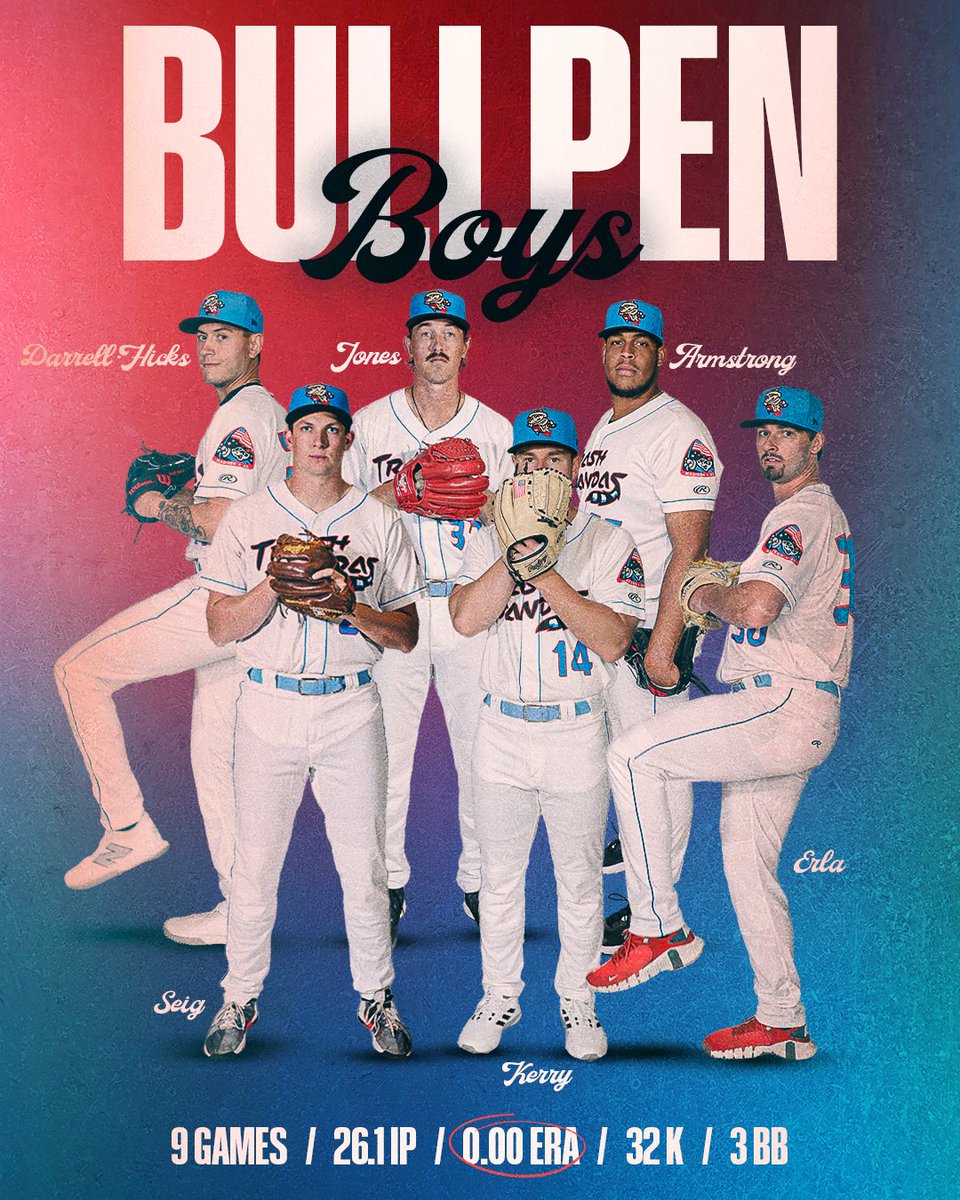 trashpandas's tweet photo. Through the first 9 games, the combination of Ivan Armstrong, Michael-Darrell Hicks, Mason Erla, Nick Jones, Brett Kerry, and Hayden Seig have thrown 26.1 innings in relief.

They have a 0.00 earned run average. https://t.co/adrLPkcWml