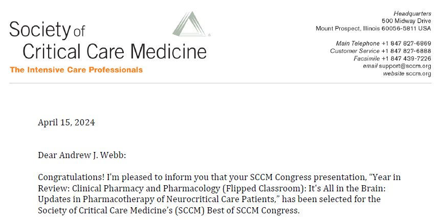 Well this is neat! Honored to have my @SCCM_CPP presentation at @SCCM 2024 selected as one of the Best of SCCM Congress