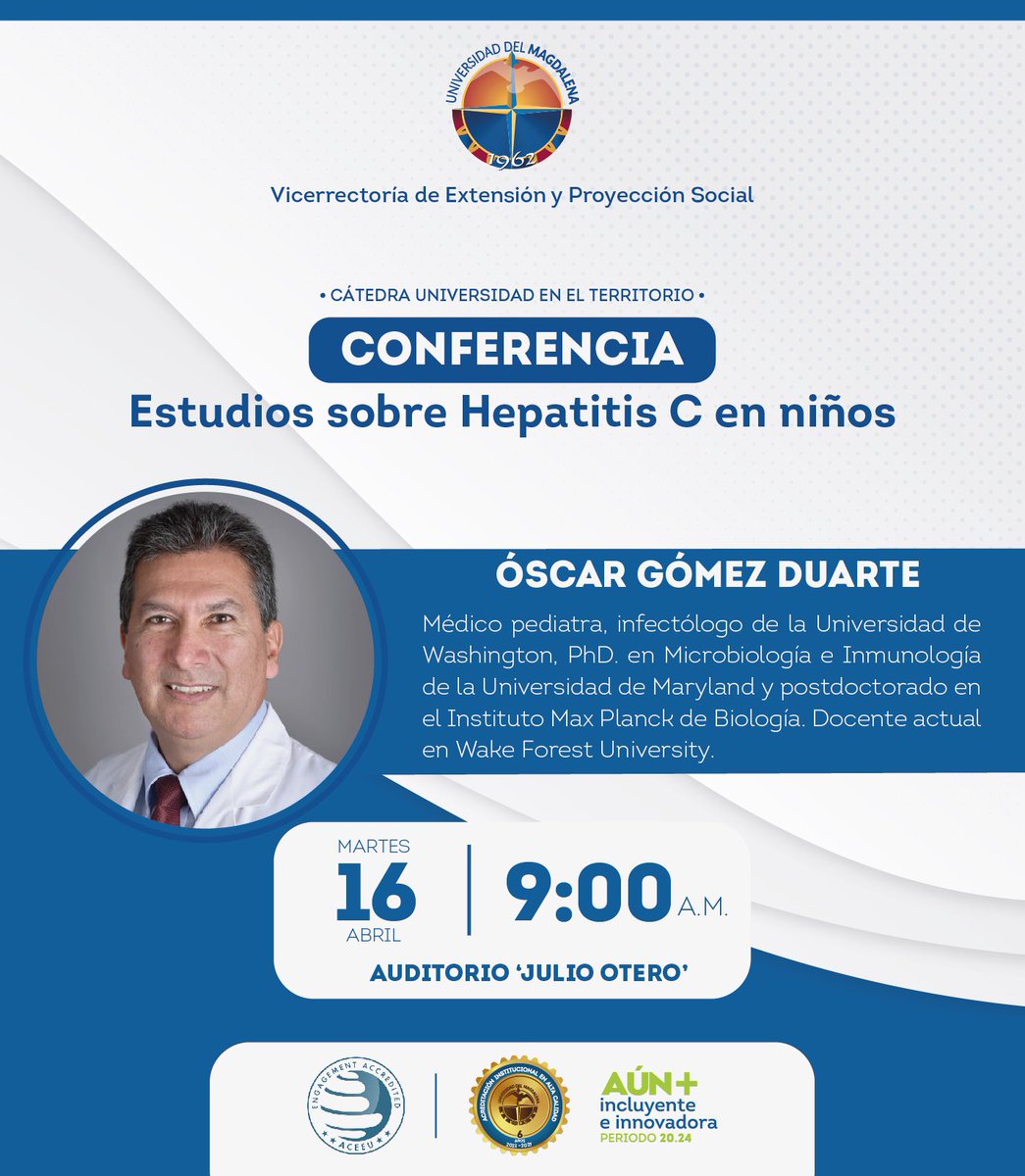 VEXUnimagdalena's tweet photo. ¡Te esperamos! 🙏🏽 Este martes, 16 de abril, se desarrollará la Conferencia ‘Estudios sobre Hepatitis C en niños’, a cargo del doctor Óscar Gómez Duarte. 🩺

La cita es desde las 9 de la mañana en el auditorio ‘Julio Otero’. 💯 https://t.co/1GIXS3b79m
