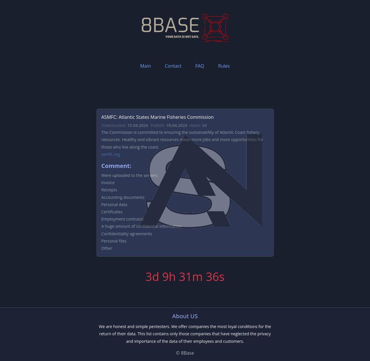 ⚠️Ransomware Alert🚨: ASMFC Has Been Targeted By 8base 
Date:2024-04-15
 
 #DailyThreatUpdates #DailyThreatIntel #Ransomware #DarkWeb #ransomwarealerts #Intel