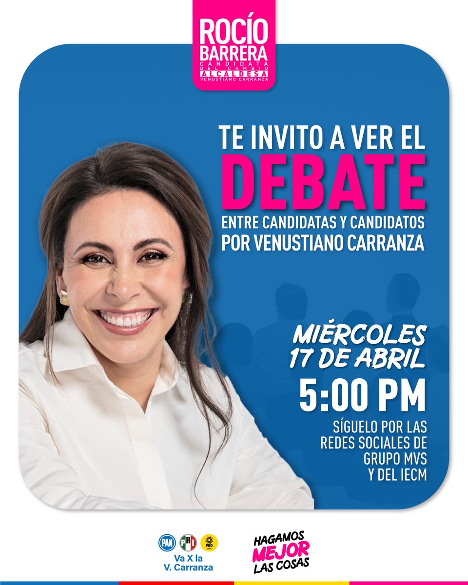 Amigas y amigos, los invito a ver el debate entre candidatas y candidatos por la  #VenustianoCarranza ante el @iecm.

Miércoles 17 de abril a las 5 p.m. 
#HagamosMejorLasCosas