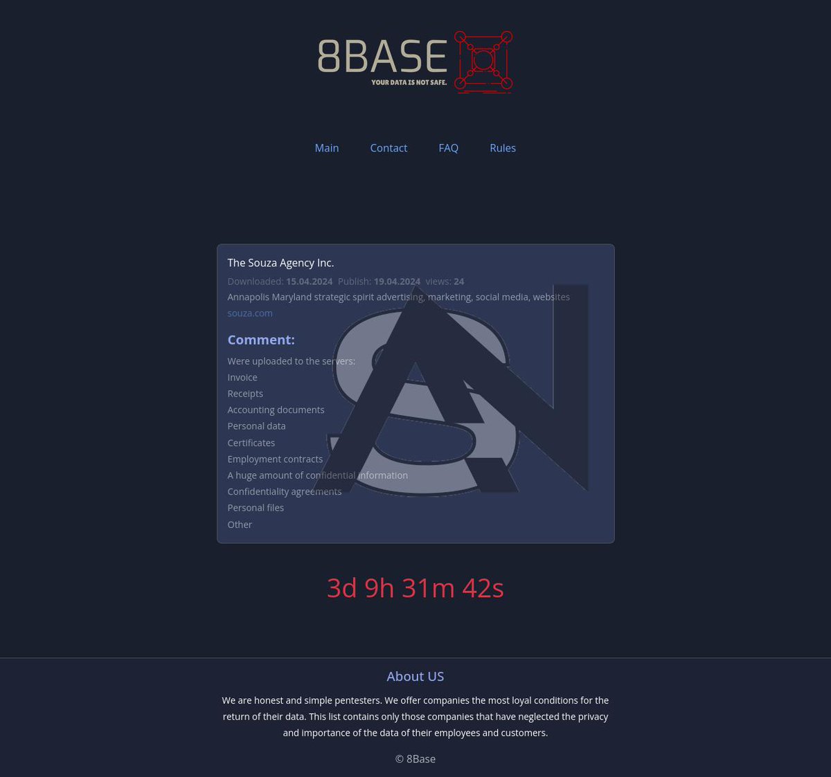 ⚠️Ransomware Alert🚨: The Souza Agency Inc. Has Been Targeted By 8base 
Date:2024-04-15
 
 #DailyThreatUpdates #DailyThreatIntel #Ransomware #DarkWeb #ransomwarealerts #Intel