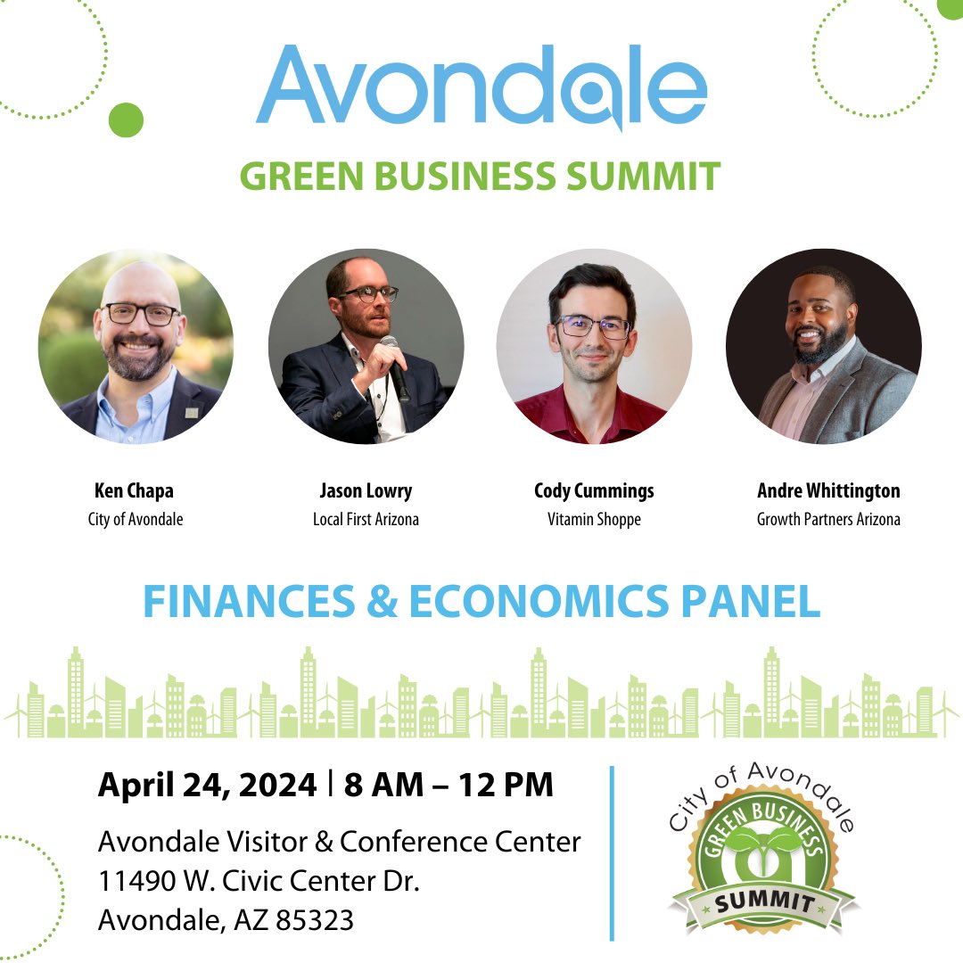 We’re less than 2 weeks away from our inaugural <a href="/AZAvondale/">City of Avondale, AZ</a> Green Business Summit! ♻️ 

Meet our Finances &amp; Economics panelists. Don’t miss the conversation. Register today! 

tinyurl.com/AvondaleGreenB… 

<a href="/VitaminShoppe/">The Vitamin Shoppe</a> <a href="/LocalFirstAZ/">Local First Arizona</a> #GrowthPartnersArizona