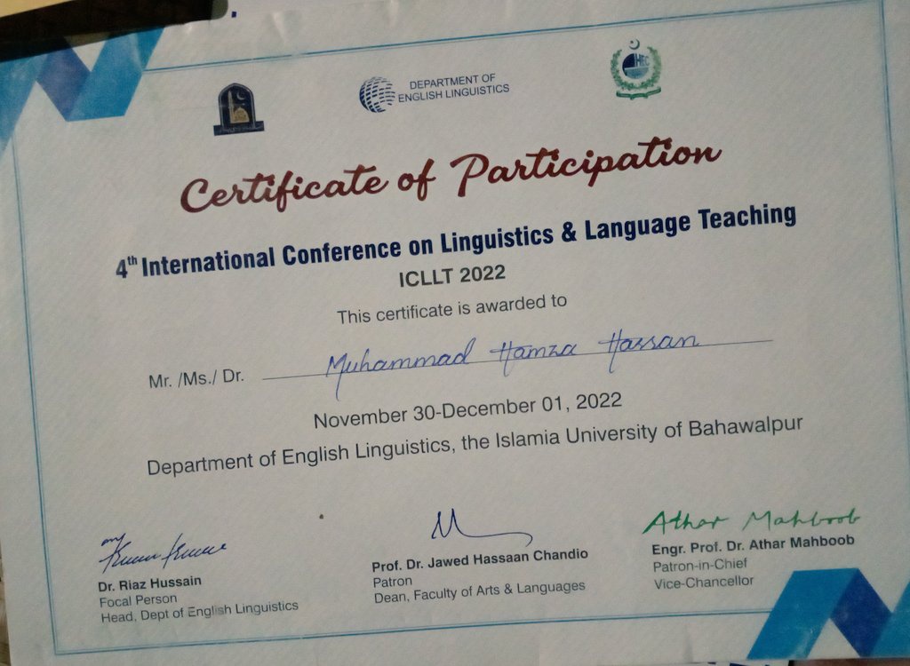 Alhamdullilah i have been awarded with certificate of participation in 4th international conference on Linguistics and Language Teaching 
✨💫
Proud to be LINGUIST🎓
(Scientist of English language)
