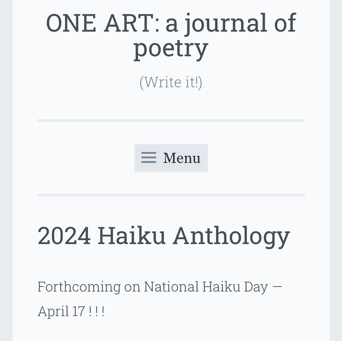 The ONE ART Haiku Anthology drops in 2 days — April 17 — National Haiku Day

#haiku #NationalHaikuDay #poetry #poetrycommunity
