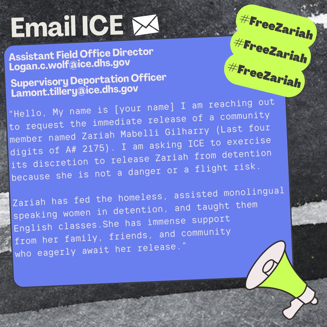 Zariah is a beloved community member who is not a danger nor a flight risk. She has immense support from her family and friends in the U.S. who are willing to support her through her case outside of detention. Ask <a href="/ICEgov/">U.S. Immigration and Customs Enforcement</a> to stop unjustly detaining her. docs.google.com/document/d/1BV…