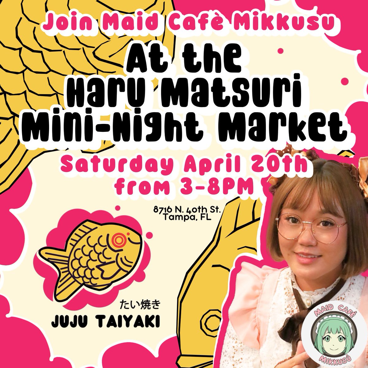 Come join us this Saturday for a special pop-up event! ✨ Get ready for a #kawaii-filled night out at #jujutaiyaki Haru Matsuri mini-night market April 20th in #Tampa! 🌸 Visit our #maidcafe table at 8716 N. 40th St. from 3pm to 8pm. 💕 Come and be part of the fun, see you there!