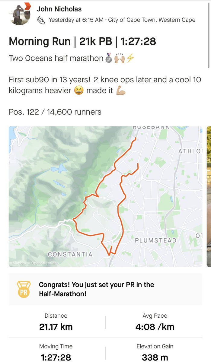 This has been a long time in the making.

Yesterday I ran my first sub 90-minute half marathon in 13 years.

I’ve had two ACL ops in the meantime (good ol’ rugby) and weigh a lot more than I used to as a skinny 20y. old.

Since rehabbing my knee, I’ve attempted 15+ half