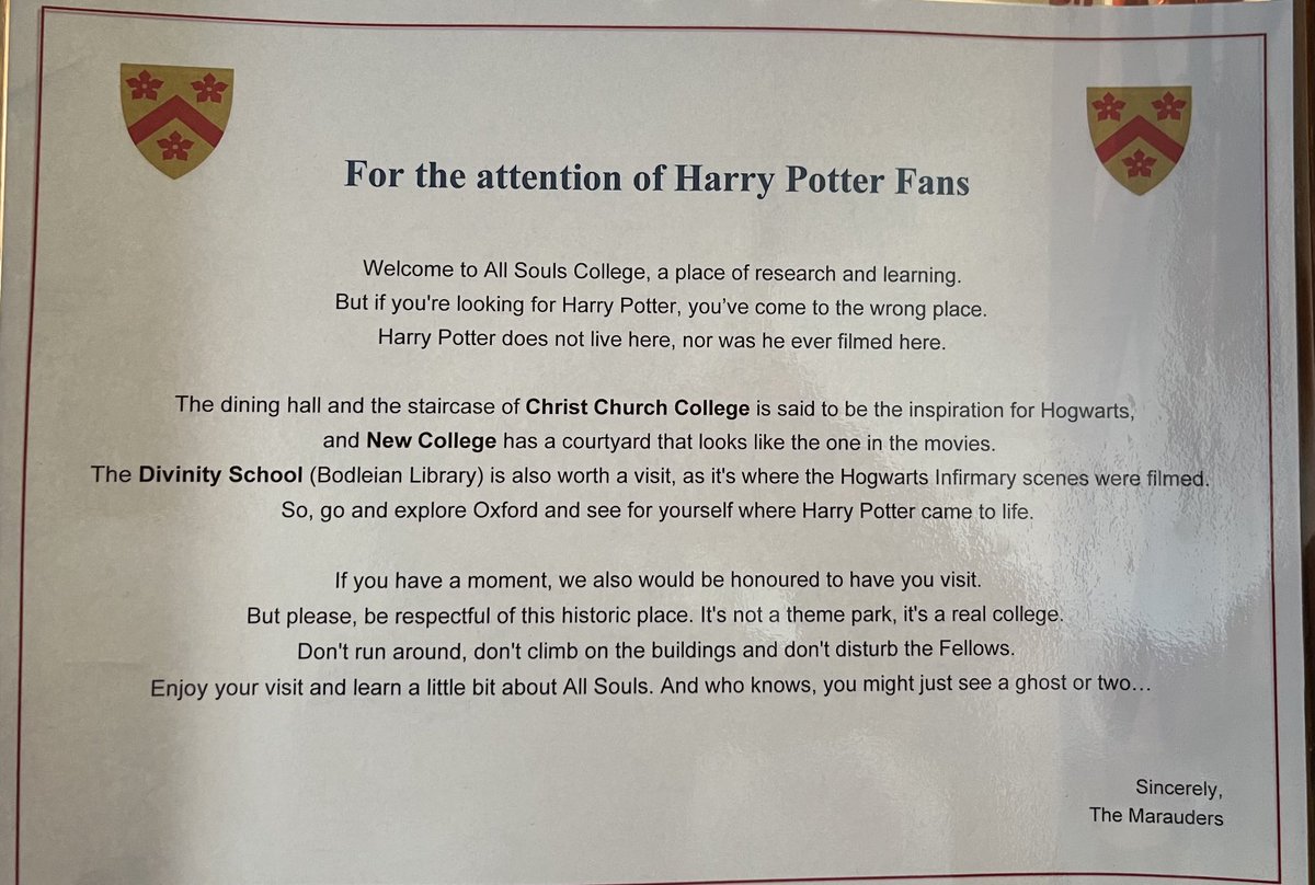 All Souls College politely telling Harry Potter fans to go away.