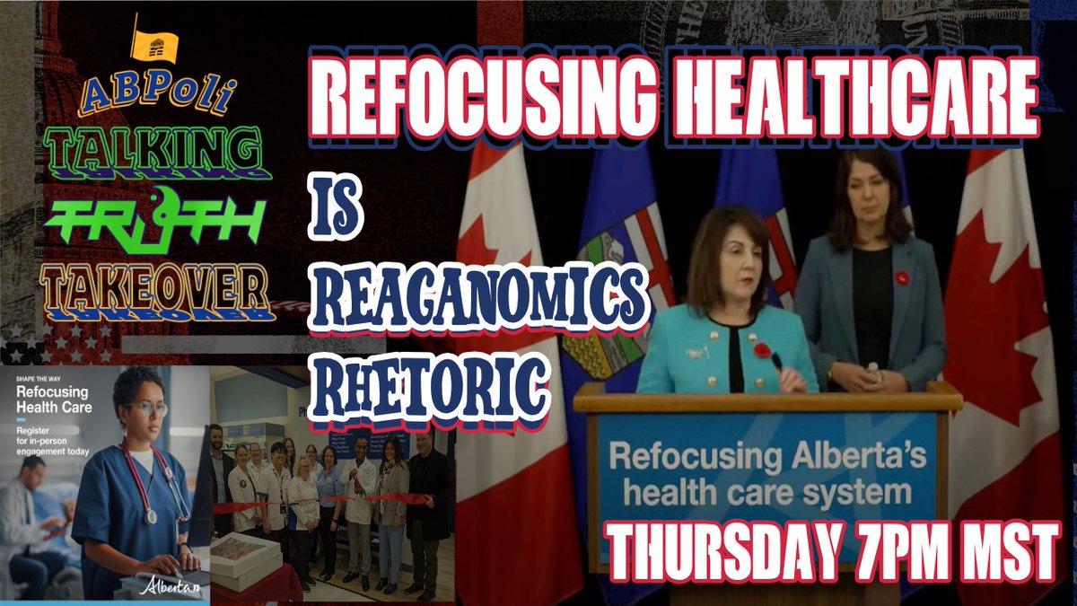 Join us Thursday 7PM MST 
for another #abpoli #TalkingTruth Takeover #Livestream
@ADCTalkingTruth Refocusing #healthcare is #Reaganomics Rhetoric 

#abaccountability #ableg #abpoli #PrivateEquity #PublicHealth