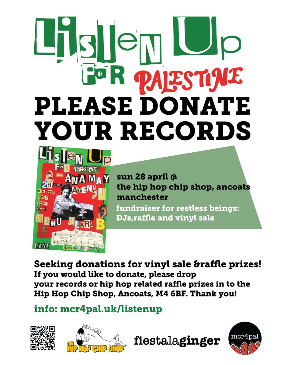 Thanks so much to labels & people donating vinyl to this event, to raise money for @RestlessBeings Some mad raffle prizes too If you want to get involved and donate something for sale or raffle on the day @thehiphopchippy, details are here.... mcr4pal.uk/listenup/