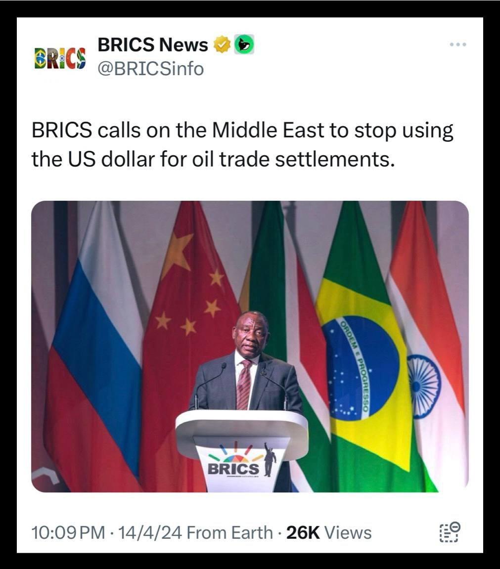🟣 BRICS, Orta Doğu'yu petrol ticaretinde ABD dolarını kullanmayı bırakmaya çağırıyor.