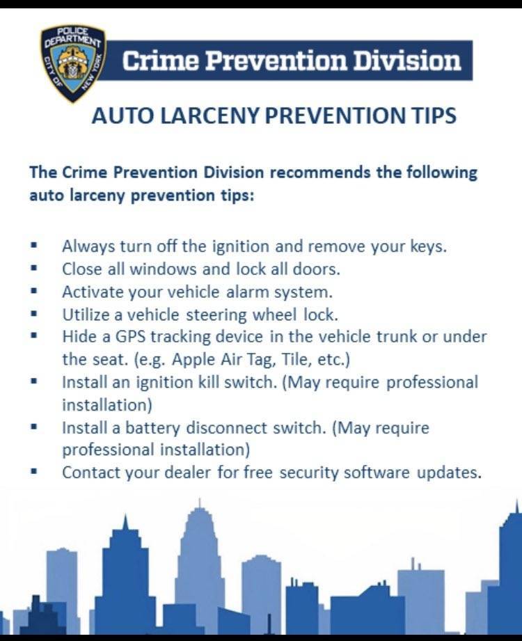 Auto Larceny Prevention Tips 🚨 ✔️ Always Turn Off Your Ignition & Remove The Key ✔️ Close All Windows & Lock All Doors ✔️ Activate Your Vehicle Alarm ✔️ Do Not Leave Valuables In Your Vehicle ✔️ Utilize A Steering Wheel Lock ✔️ Install an ignition kill switch