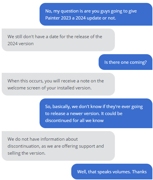 DivilusCorner's tweet photo. @helloalludo I'm going to assume that you're canceling Painter because the HELPFUL forum/support did, in fact, close down leaving me with this clear-as-mud one and silence from you in general. Maybe someone else has an answer? #CorelPainter #Alludo #CorelDraw https://t.co/IBqt7j1GOO