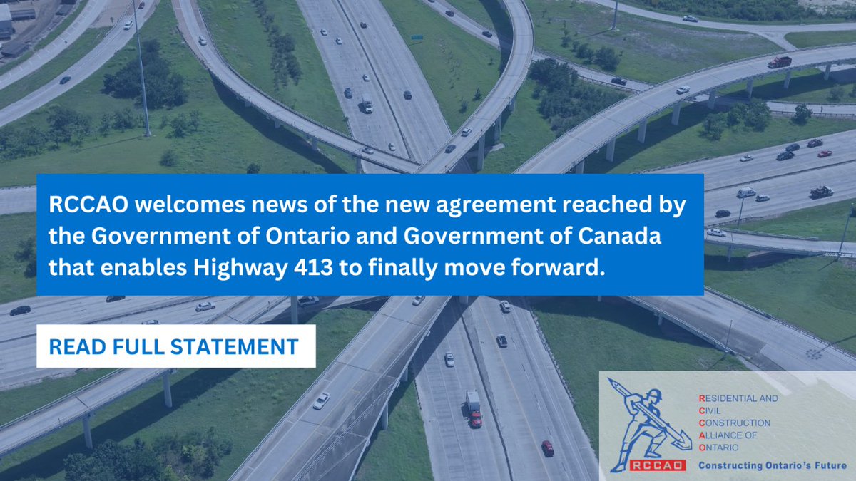 _RCCAO's tweet image. Following years of delays & uncertainty, #construction of Highway 413 is finally moving ahead!
Today's long-awaited announcement is very welcome news for industry, commuters, & businesses alike.
Read our statement here: rccao.com/news/files/202…
#onpoli #cdnpoli #infrastructure