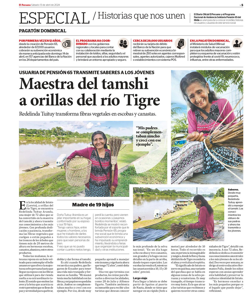 Mira cómo informa el @DiarioElPeruano sobre Redelinda Tuituy, usuaria de #Pensión65 en #Loreto, quien transforma fibras vegetales en escobas, canastas, y más. Lee la nota aquí bit.ly/3vHvPqp