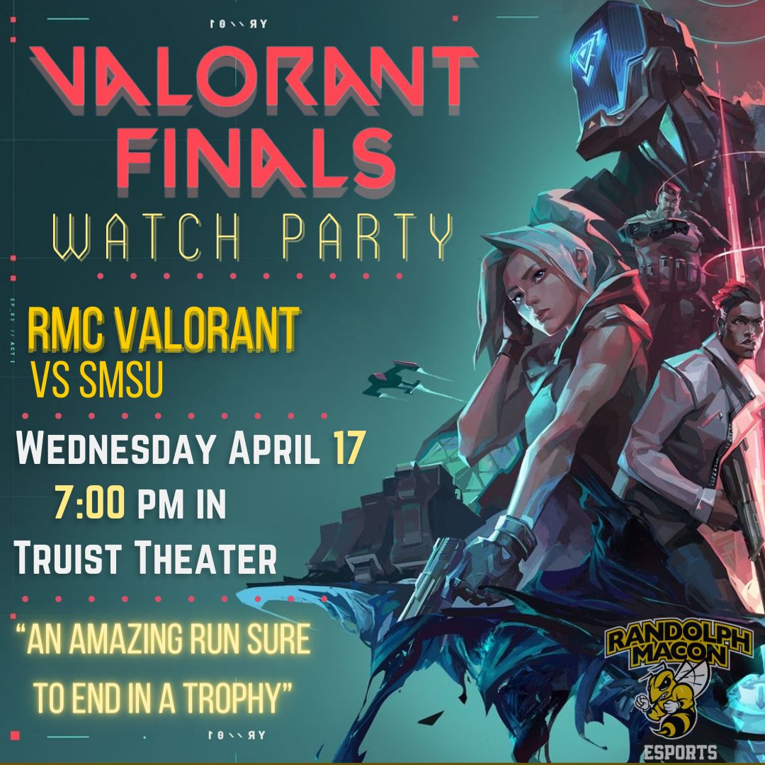 Our RMC Val team has finals on Wednesday April 17th in NACE! Come show your support at the watch party hosted in Truist Theater at 7 PM.

#RMCEsports #esports #rmc #NACE #videogames #gaming #streaming #twitch #finals #watchparty #valorant #riotgames