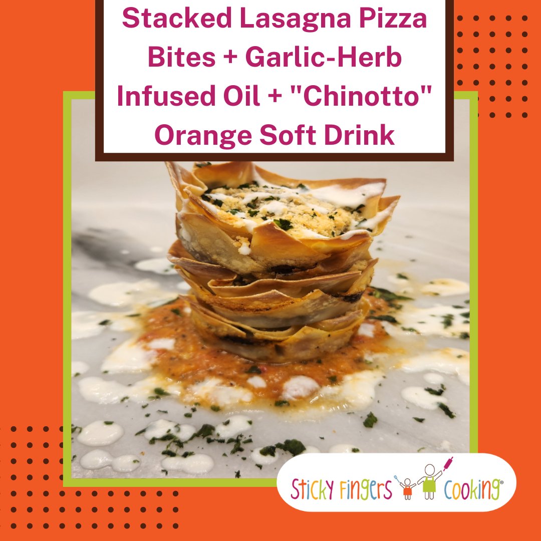 Our RECIPE OF THE WEEK this week is: Stacked Lasagna Pizza Bites + Garlic-Herb Infused Oil + 'Chinotto' Orange Soft Drink! #RecipeOfTheWeek #StickyFingersCooking #EasyRecipes #KidRecipes #Education #KidsCooking #Recipe #Lasagna #Pizza #Chinotto #Italian #ItalianRecipe