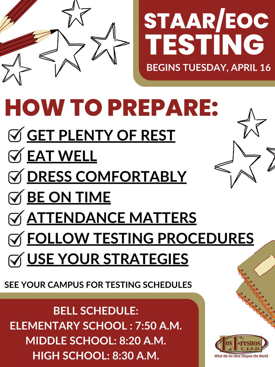 🗓️STAAR and End-of-Course testing begin tomorrow. ✏️STAAR and EOC exams are an excellent opportunity for our students to apply their skills and shine bright! ⭐️Our campus teams have been busy preparing and encouraging our students to do their best! ⭐️Good luck students!⭐️