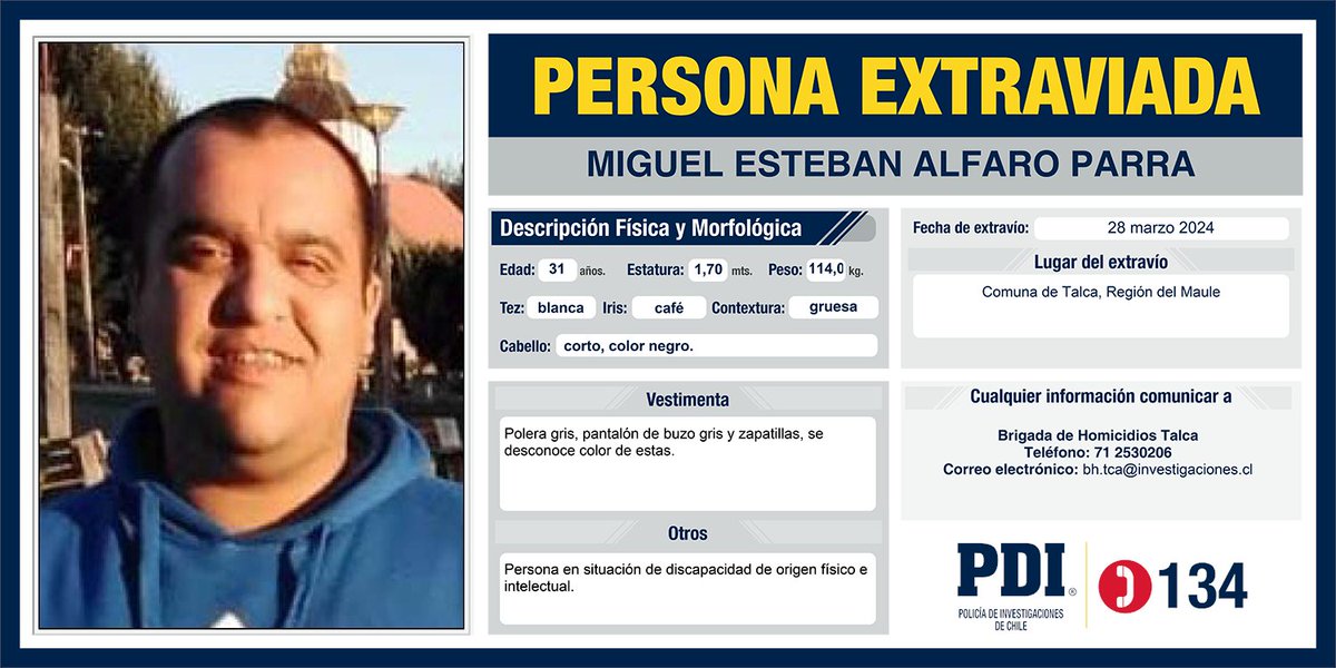 ⭕ Ayúdanos a encontrar a: Miguel Esteban Alfaro Parra, extraviado desde el 28 de marzo de 2024, en la comuna de Talca, Región del Maule. Más detalles en: pdichile.cl