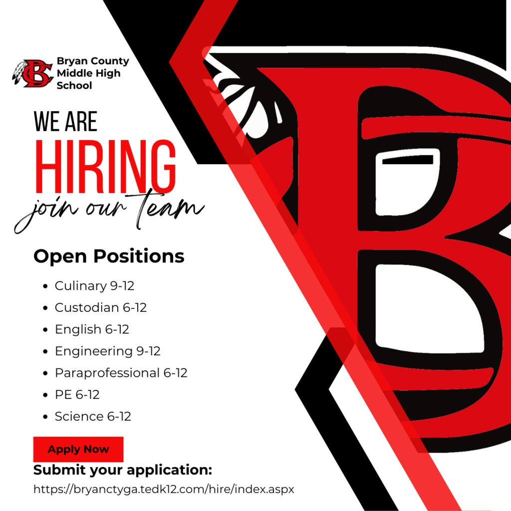📣 Join Our Team at Bryan County Middle High School! 📣
🎓 Are you passionate about shaping young minds and making a difference in education? Bryan County Middle High School is hiring for multiple positions across various disciplines! #BeBC #GoRedskins #NowHiring