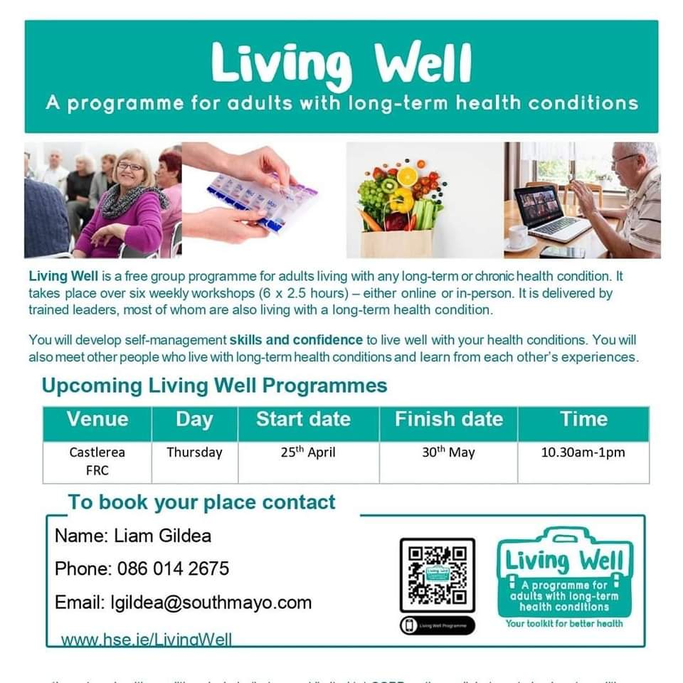 The Living Well Programme for people living with long-term health conditions will be taking place in Castlerea, Co Roscommon from Thursday, April 25. Find out more about this great, FREE, six-week programme via this link: westbewell.ie/2024/03/05/liv… @castlereaCFRC @Frcboyle