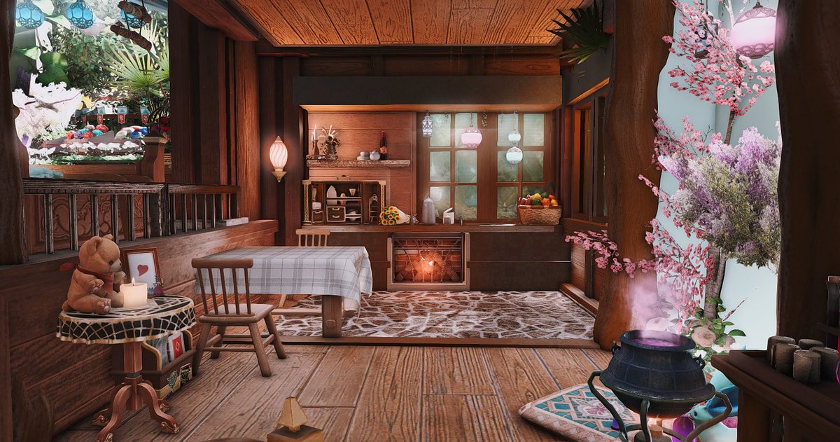 #FFXIVHousing #ff14 #ffxiv #FF14ハウジング #ff14housing #HousingEden [S] A log cabin in fairytale Nobody cares but a tiny little point is that I put a cute Carbuncle beside the Thaumaturgic Array bc the house owner is a Summoner and her partner(maybe?) is a Black mage🥹