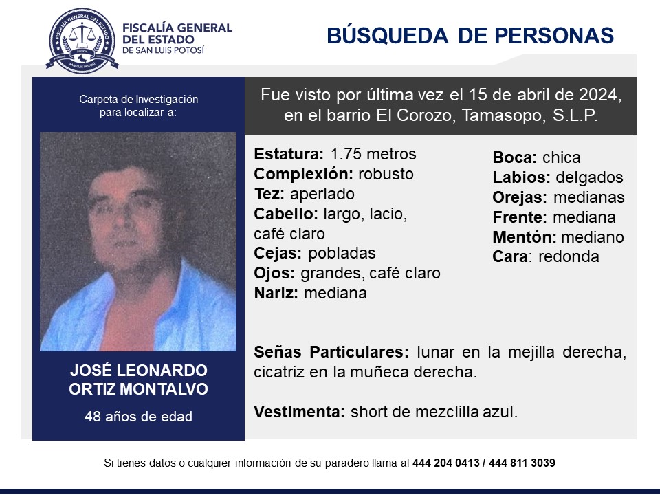 #BúsquedaDePersonasSLP | Solicitamos de tu colaboración para localizar a José Leonardo Ortiz Montalvo, quien fue visto por última vez en #Tamasopo, #SLP.