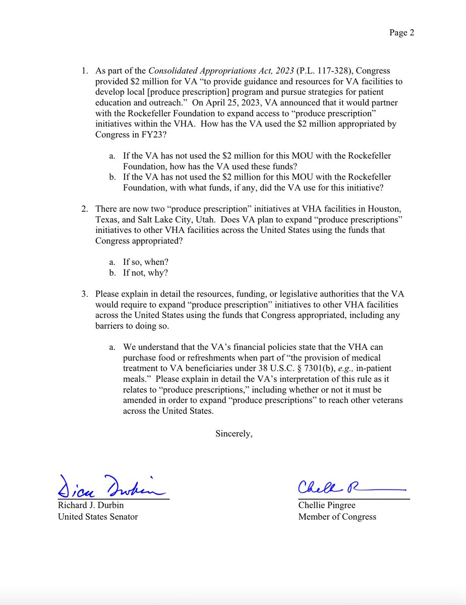 Produce prescription programs have the potential to help veterans across our nation lead a healthier life by improving access to fruits & veggies. I sent a letter with Rep. @chelliepingree to the Secretary of @DeptVetAffairs requesting info about these programs at the VHA: