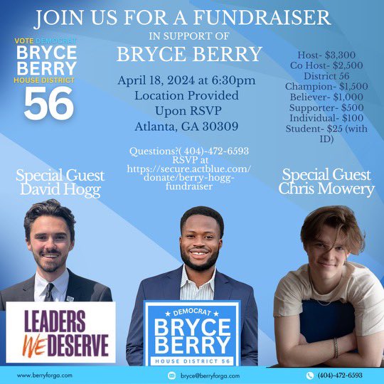 What does @davidhogg111, @chrisdmowrey and I all have in common? We are all going to be at my fundraiser on Thursday to flip this seat and elect the first public school teacher and first Gen Z member of our State House! Sign up to join us today! secure.actblue.com/donate/berry-h… #gapol