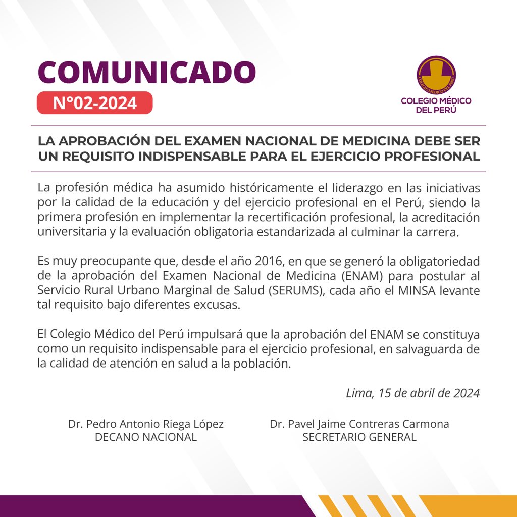 CMP_PERU's tweet photo. 📣COMUNICADO: Colegio Médico del Perú impulsará que la aprobación del Examen Nacional de Medicina sea un requisito indispensable para el ejercicio de la profesión médica. https://t.co/kcLKIgk1ud