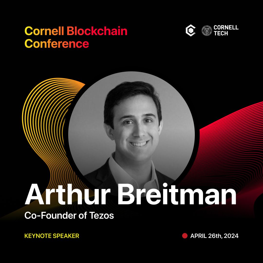 Thrilled to welcome @ArthurB, creator of @tezos to Cornell Blockchain Conference 2024 as Keynote Speaker! Join us this April 26th to hear Arthur’s insights on building the decentralized future and the transformational power of #Tezos! 🎟️ Tickets: bit.ly/buy-cbc24-tick…