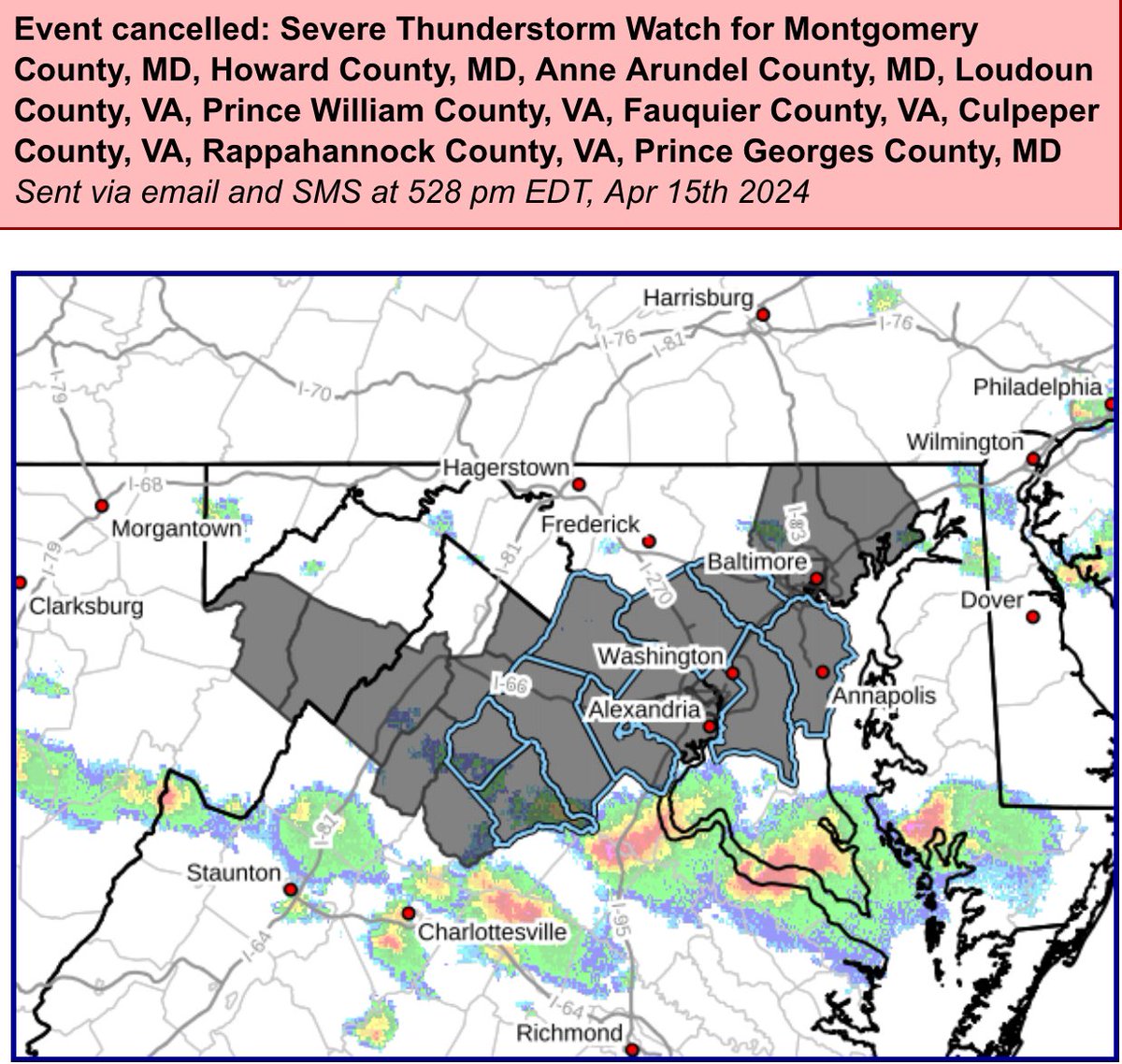 Most counties have been dropped from the Severe Thunderstorm Watch #WashingtonDC  #StormTeam4 #DCwx #VAwx #MDwx