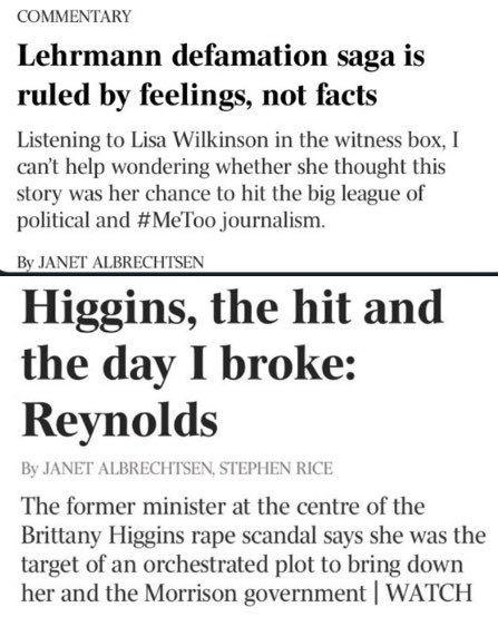 Albrechtsen’s malicious determination to undermine the bravery of Wilkinson and diminish the suffering and injustice of rape victim, Higgins, will never be forgotten Janet will forever be remembered as nothing more than a spiteful little Murdoch/LNP Crumb Maiden