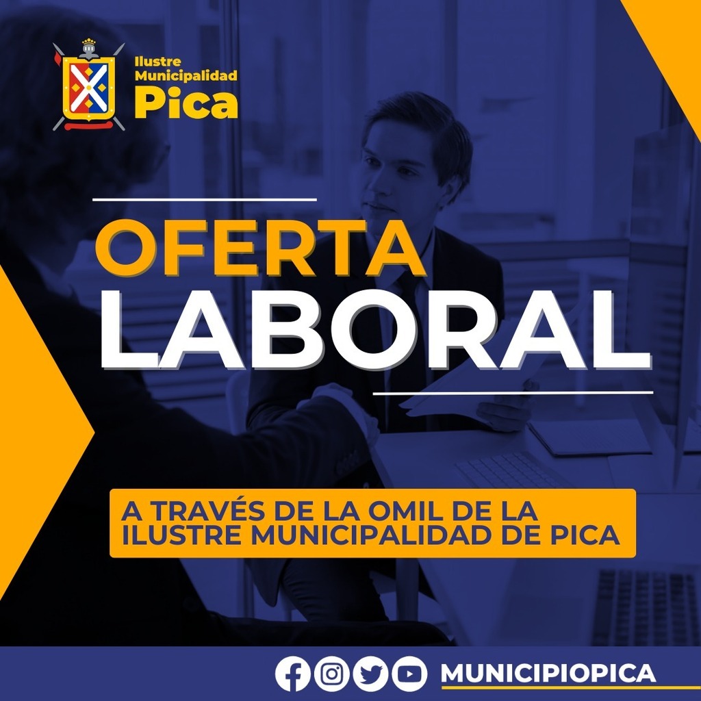 Oferta Laboral A través de la OMIL de la Ilustre Municipalidad de Pica, se presenta dos nuevas oportunidades de empleo: Cargo: - Administrativa/o Requisitos: - Conocimientos en administración - Currículum Vitae actualizado - Certificado antecedentes - Fotocopia de carnet por a…