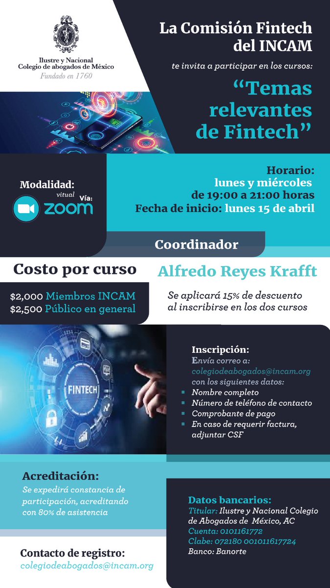 INCAM_Abogados's tweet photo. Hoy inicia el curso "Temas relevantes de Fintch" que organiza la Comisión Fintech del @INCAM_Abogados.
Aún estás a tiempo de inscribirte.
📧 colegiodeabogados@incam.org
-nombre completo
-número de teléfono de contacto
-comprobante de pago https://t.co/kGInxTlGHF