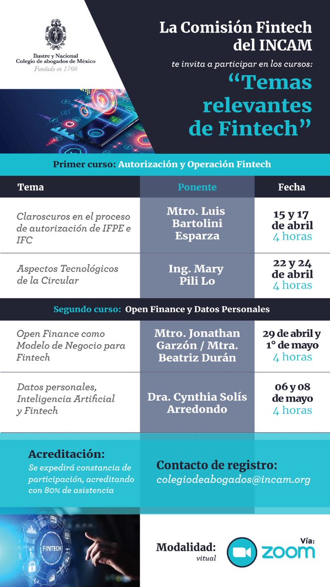 Hoy inicia el curso "Temas relevantes de Fintch" que organiza la Comisión Fintech del <a href="/INCAM_Abogados/">Colegio de Abogados</a>.
Aún estás a tiempo de inscribirte.
📧 colegiodeabogados@incam.org
-nombre completo
-número de teléfono de contacto
-comprobante de pago