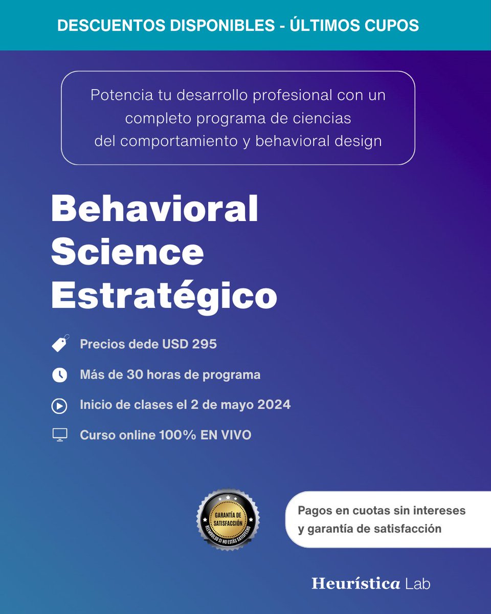 Heuristicalab's tweet photo. Faltan pocas semanas para el inicio de nuestro programa Behavioral Science Estratégico, en donde aprenderás la teoría y práctica de las ciencias del comportamiento. 

👉 https://t.co/C4KCtrp3bN https://t.co/noI90t2NtW