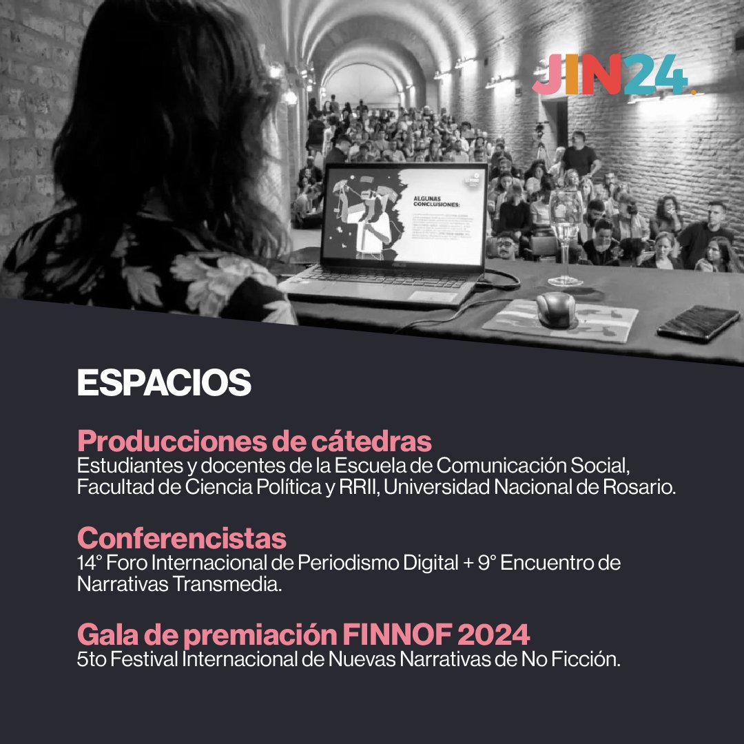 📅¿Todavía no te inscribiste?

Jornadas de Innovación Narrativa | JIN 2024
Jueves 25 y viernes 26 de abril

Auditorio Túnel 4 - Centro Cultural Parque de España.
Rosario, Argentina.
Actividad gratuita, inscripción previa en formulario online —> bit.ly/InscripcionJIN…