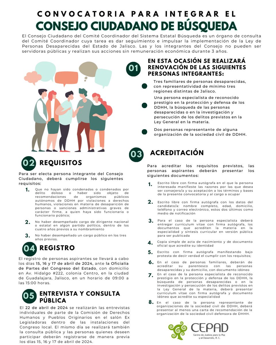 Expresamos nuestra preocupación por el proceso de elección de integrantes del @CCBusquedaJal   anunciado por el <a href="/LegislativoJal/">Congreso de Jalisco</a>  Si bien la convocatoria pretende lograr la renovación del Consejo antes del 4 de mayo, es alarmante que los tiempos de convocatoria son muy limitados🧵
