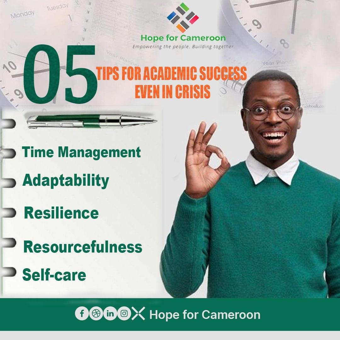 Practicing these 5 tips as a student even in crisis is a guarantee to your success

🖊️ Time Management
🖊️ Adaptability
🖊️ Resilience
🖊️ Resourcefulness
 🖊️ practice Self-care
Cheers to success in your end of year exams 🍹
#Hopeforcameroon
#Academicsuccess